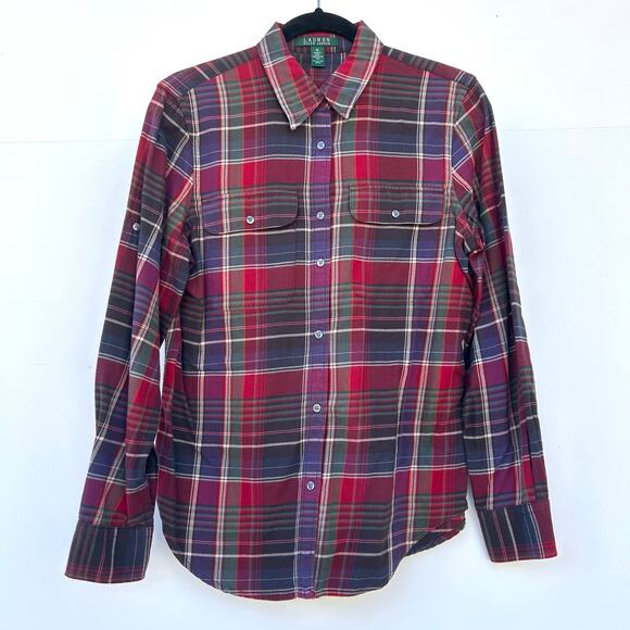 Vintage Lauren Ralph Lauren Tartan Plaid Button Down Cotton Medium Red Purple - Picture 2 of 7